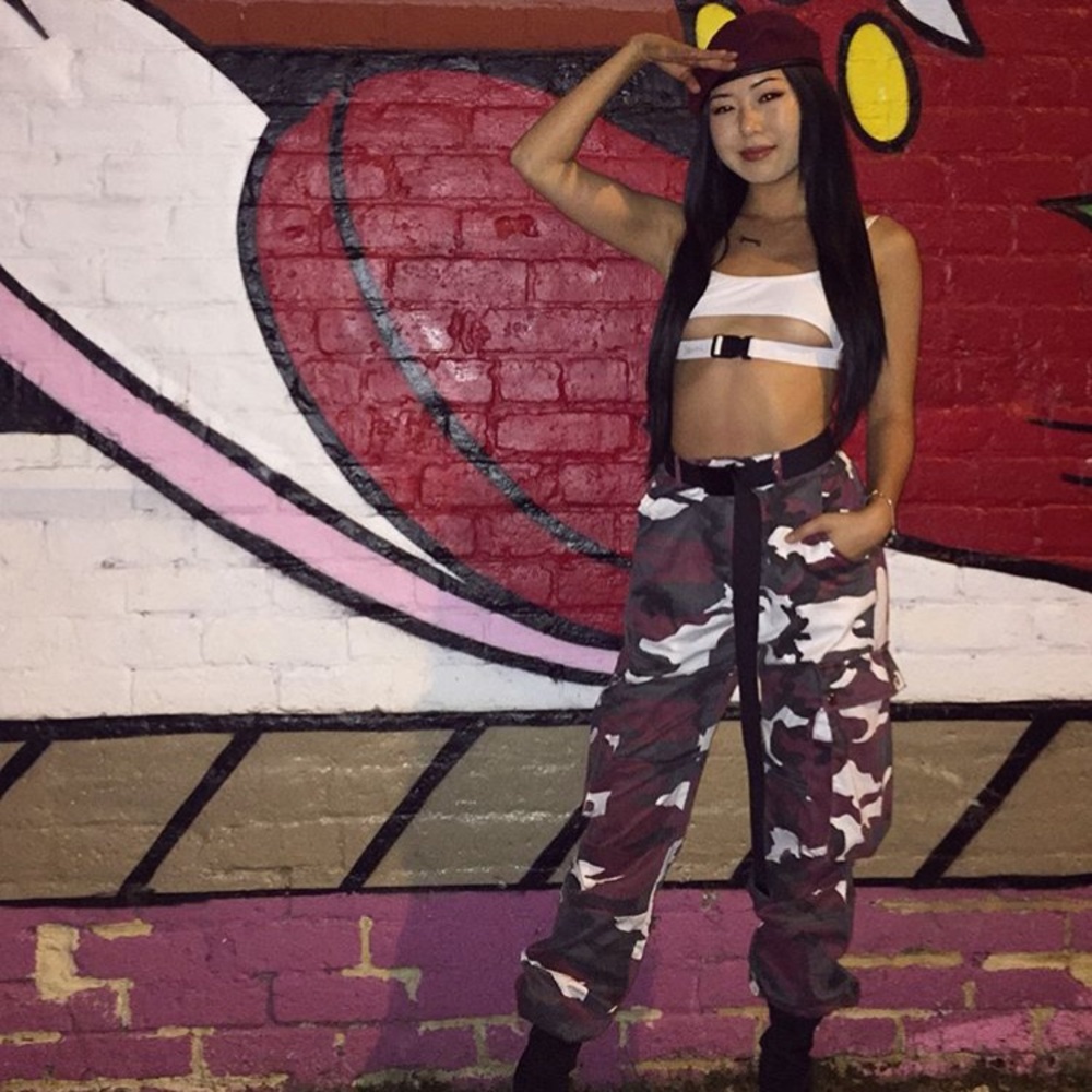 Deep red Missguided camo pants with belt